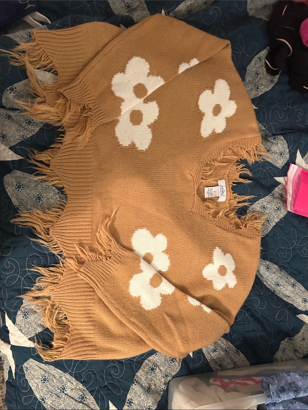 Just Polly Mustard Floral Fringe Sweater - Unknown Brand